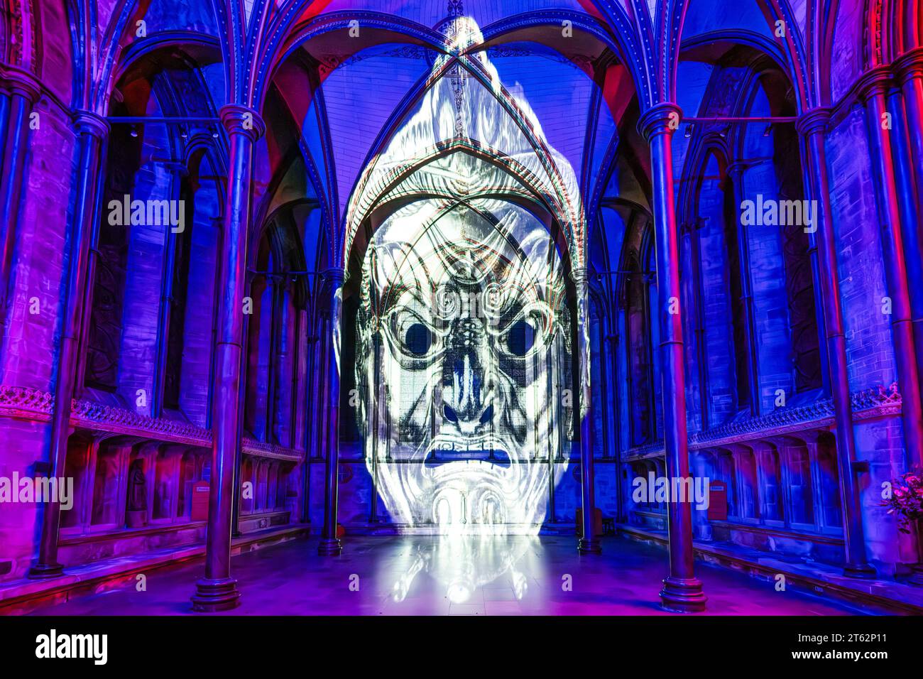 Salisbury Cathedral, Salisbury, Wiltshire, UK. 7th Nov, 2023. Salisbury Cathedral interior is illuminated under the stars by Sarum Lights:Illuminating Art, a light and sound spectacular from Luxmuralis exploring art across the centuries. The event runs from 7 November to the 11 November 2023. Credit: Tom Corban/Alamy Live News Stock Photo