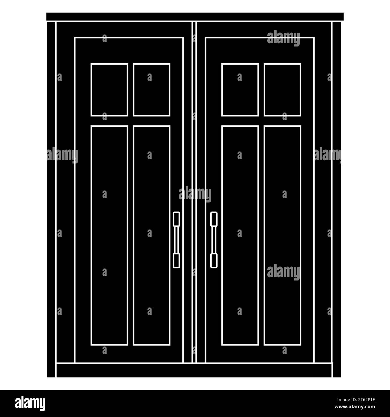 Double doors silhouette with glass windows isolated on white background