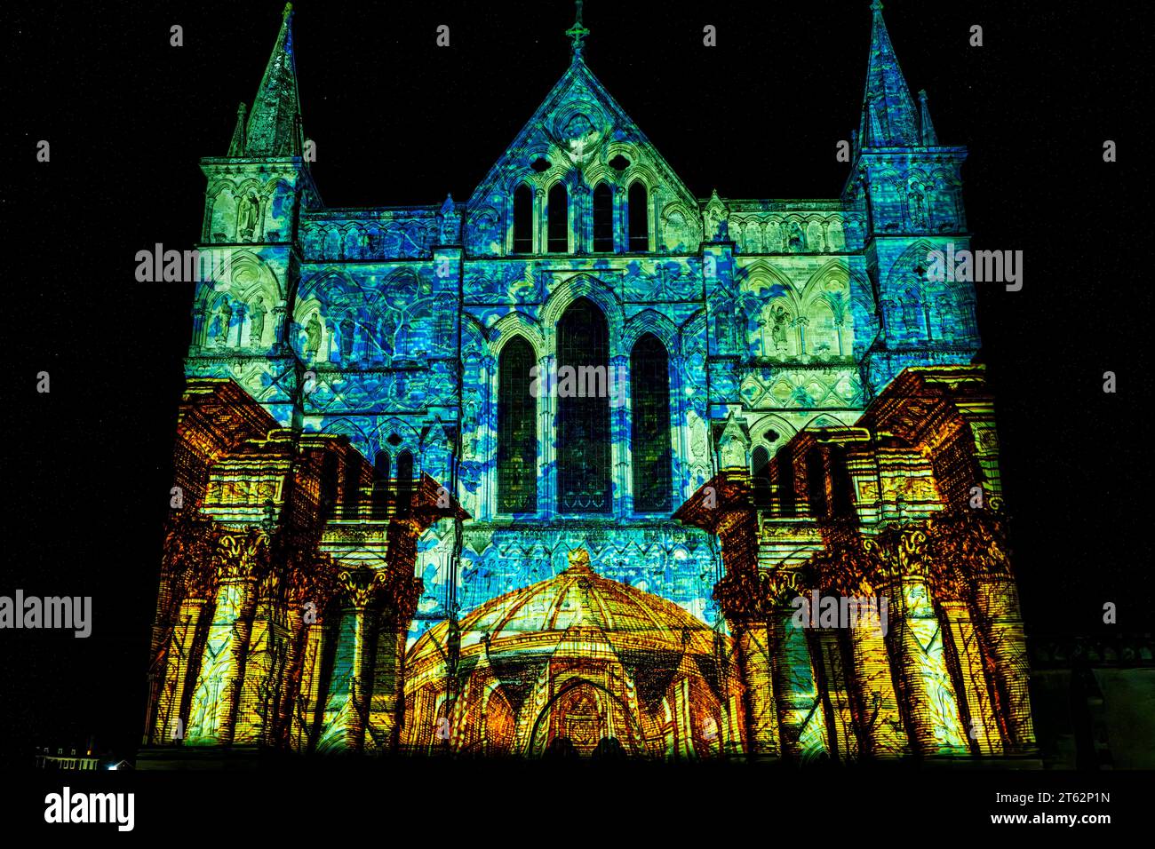 Salisbury Cathedral, Salisbury, Wiltshire, UK. 7th Nov, 2023. Salisbury Cathedral exterior is illuminated under the stars by Sarum Lights:Illuminating Art, a light and sound spectacular from Luxmuralis exploring art across the centuries. The event runs from 7 November to the 11 November 2023. Credit: Tom Corban/Alamy Live News Stock Photo