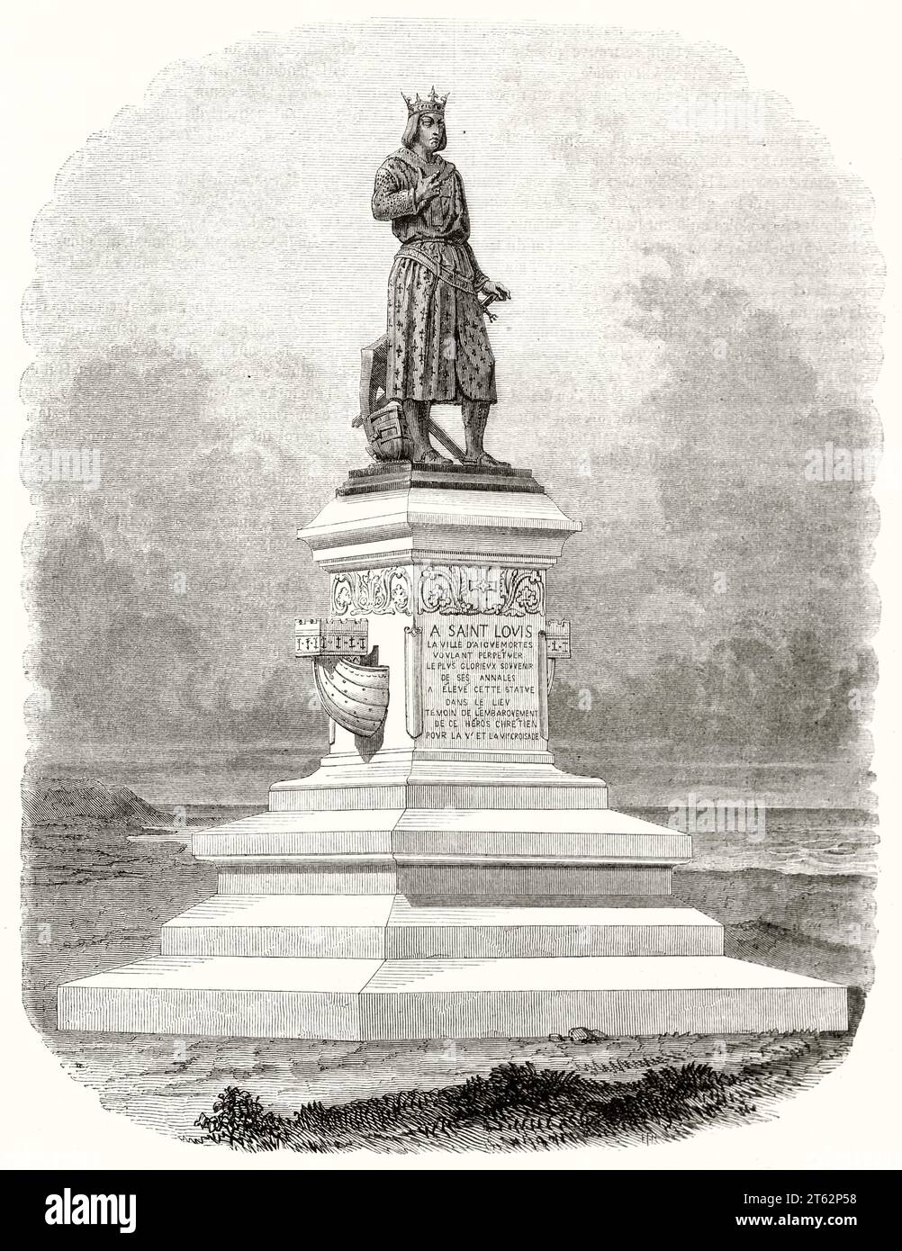 Old illustration of Saint-Louis statue in Aigues-Mortes, Gard, France. After Pradier, publ. on Magasin Pittoresque, Paris, 1849 Stock Photo