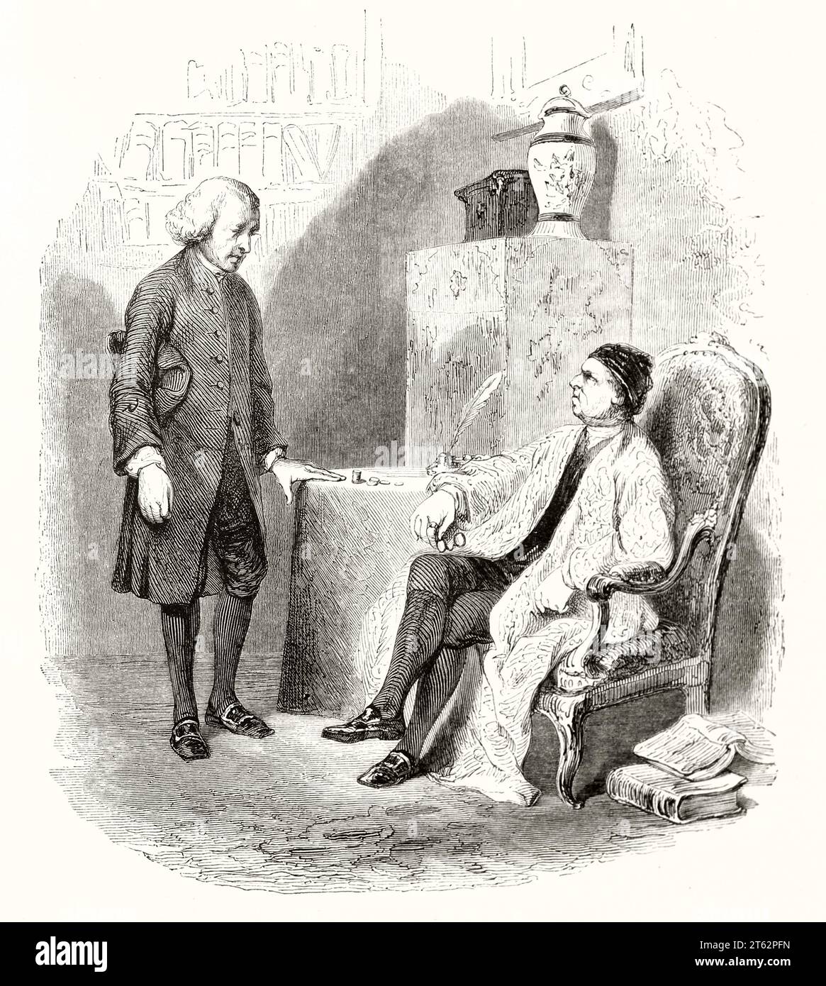 Old illustration of two man talking. By Tony Johannot, publ. on Magasin Pittoresque, Paris, 1849 Stock Photo