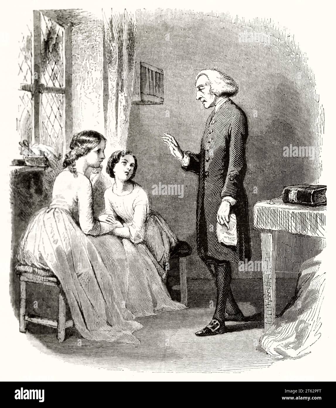 Old illustration of man talking with two girls. By Tony Johannot, publ. on Magasin Pittoresque, Paris, 1849 Stock Photo