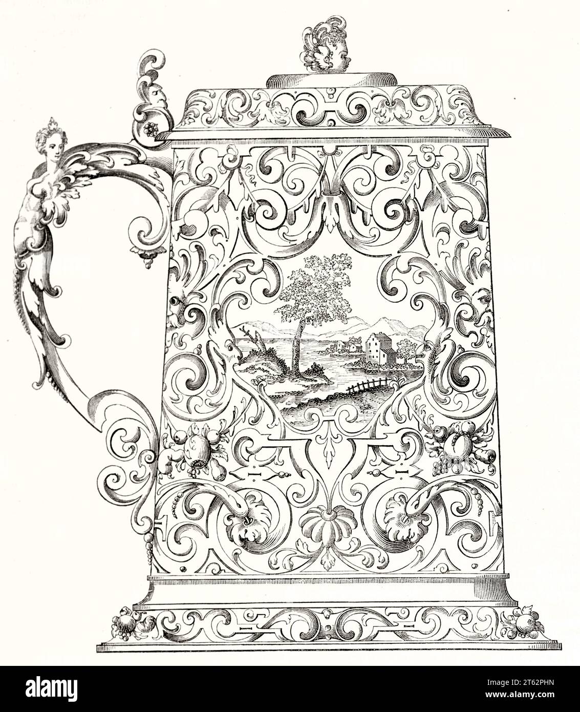 Old illustration of a 16th century beer tankard. After Siebmacher, publ. on Magasin Pittoresque, Paris, 1849 Stock Photo