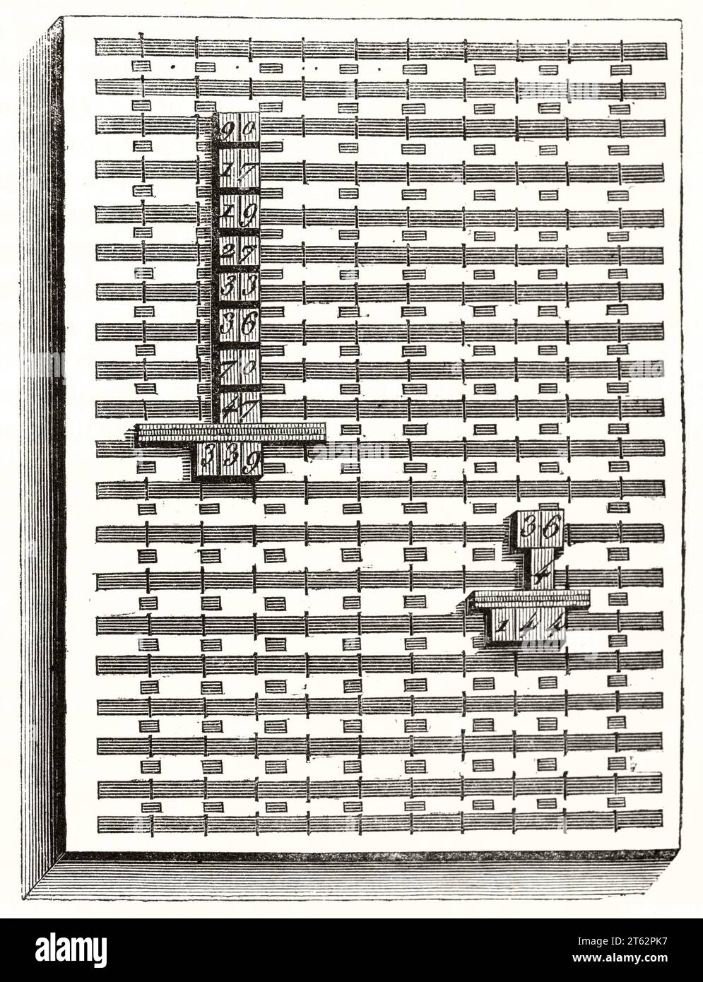 Old illustration of writing tool accessory for teaching to blind. By unidentified author, publ. on Magasin Pittoresque, Paris, 1849 Stock Photo