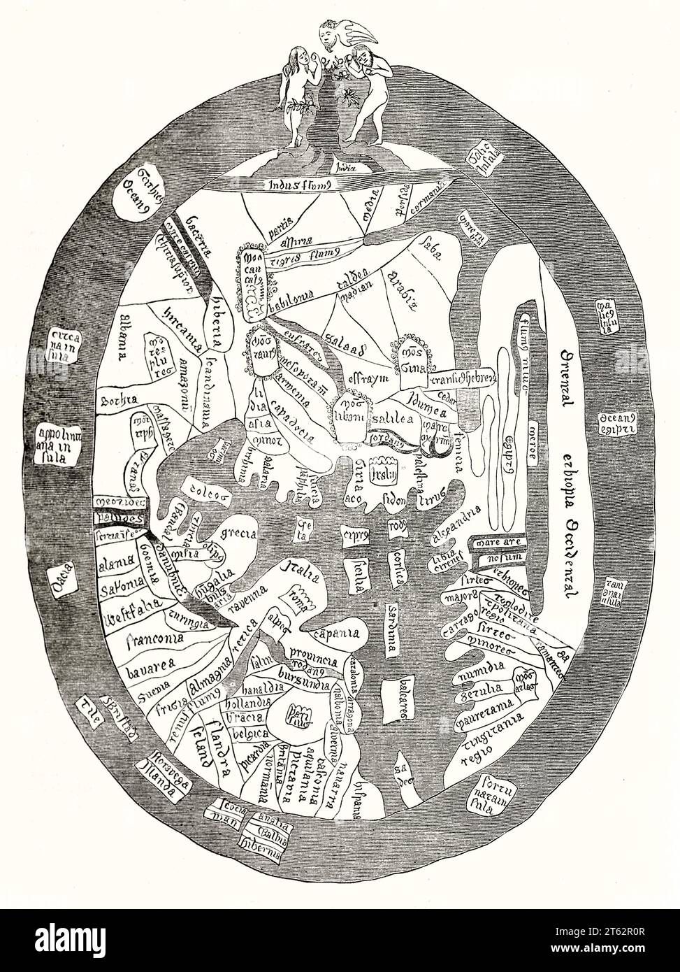 Antique world map (14th century). After Ranulphe de Hyggeden, publ. on Magasin Pittoresque, Paris, 1849 Stock Photo
