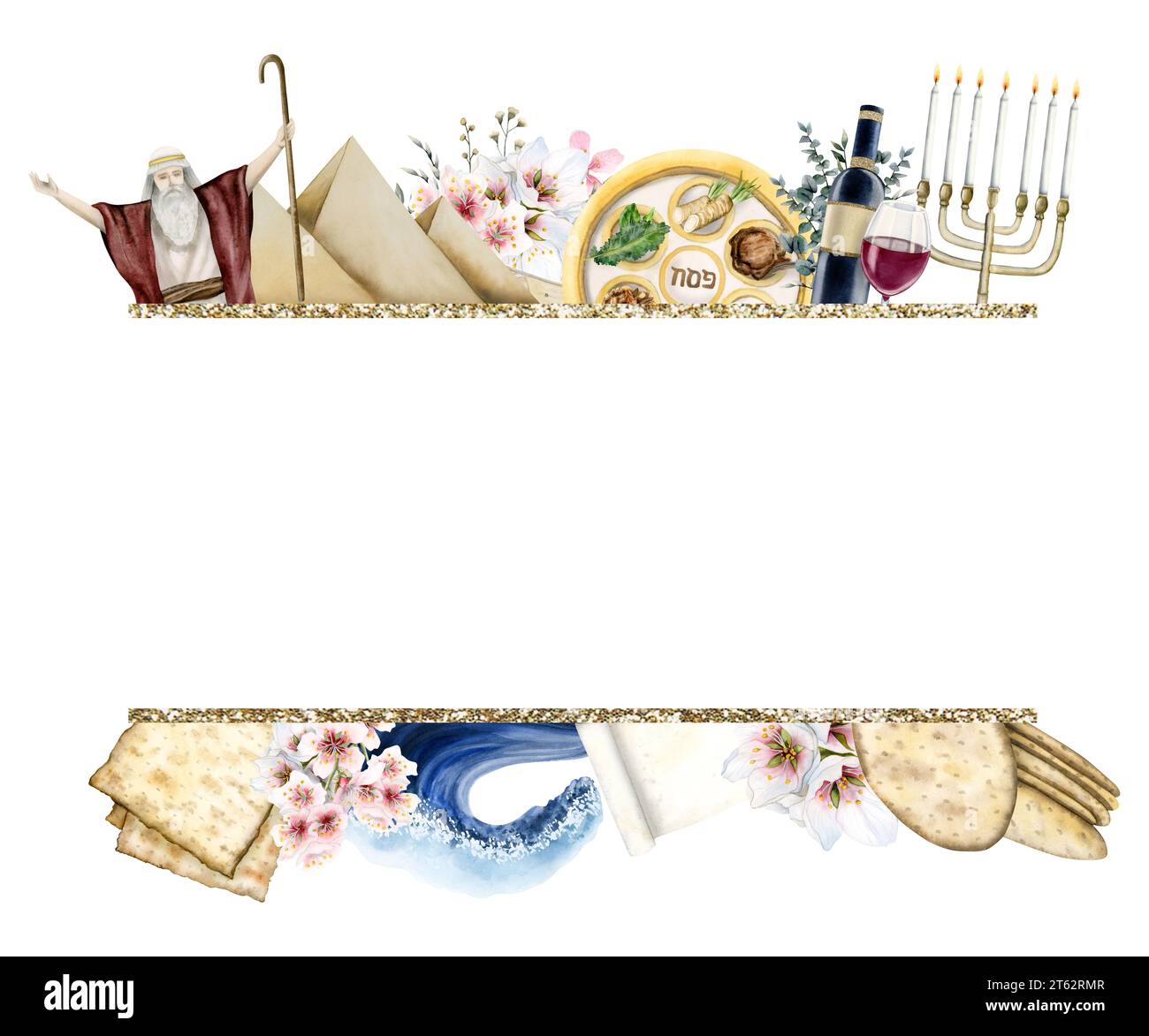 Passover horizontal banner template with Jewish Pesach holiday symbols watercolor illustration Stock Photo