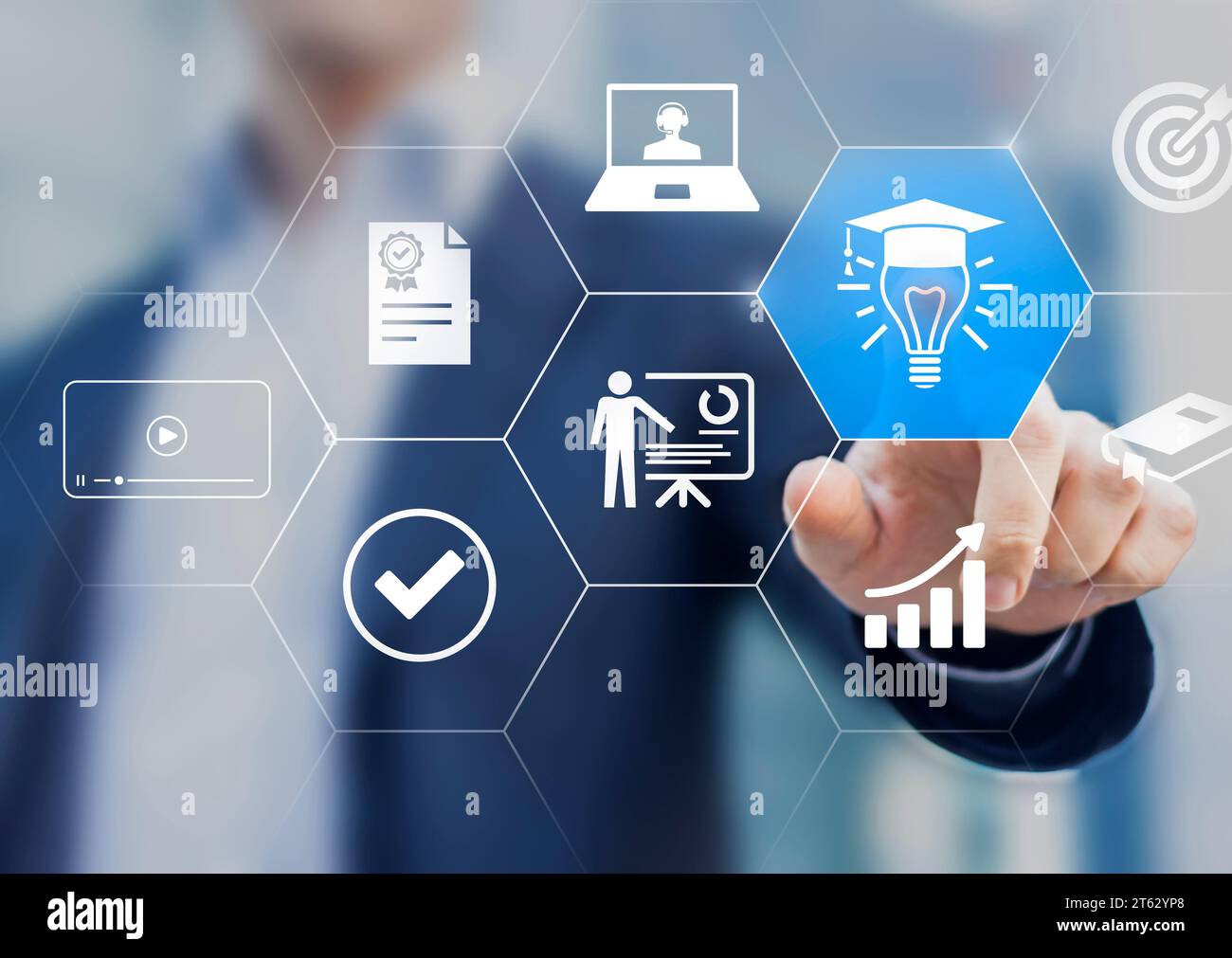 E-learning, webinar, online education and training to develop new skills and knowledge. AI-enhanced learning technology with personalized courses. Rem Stock Photo