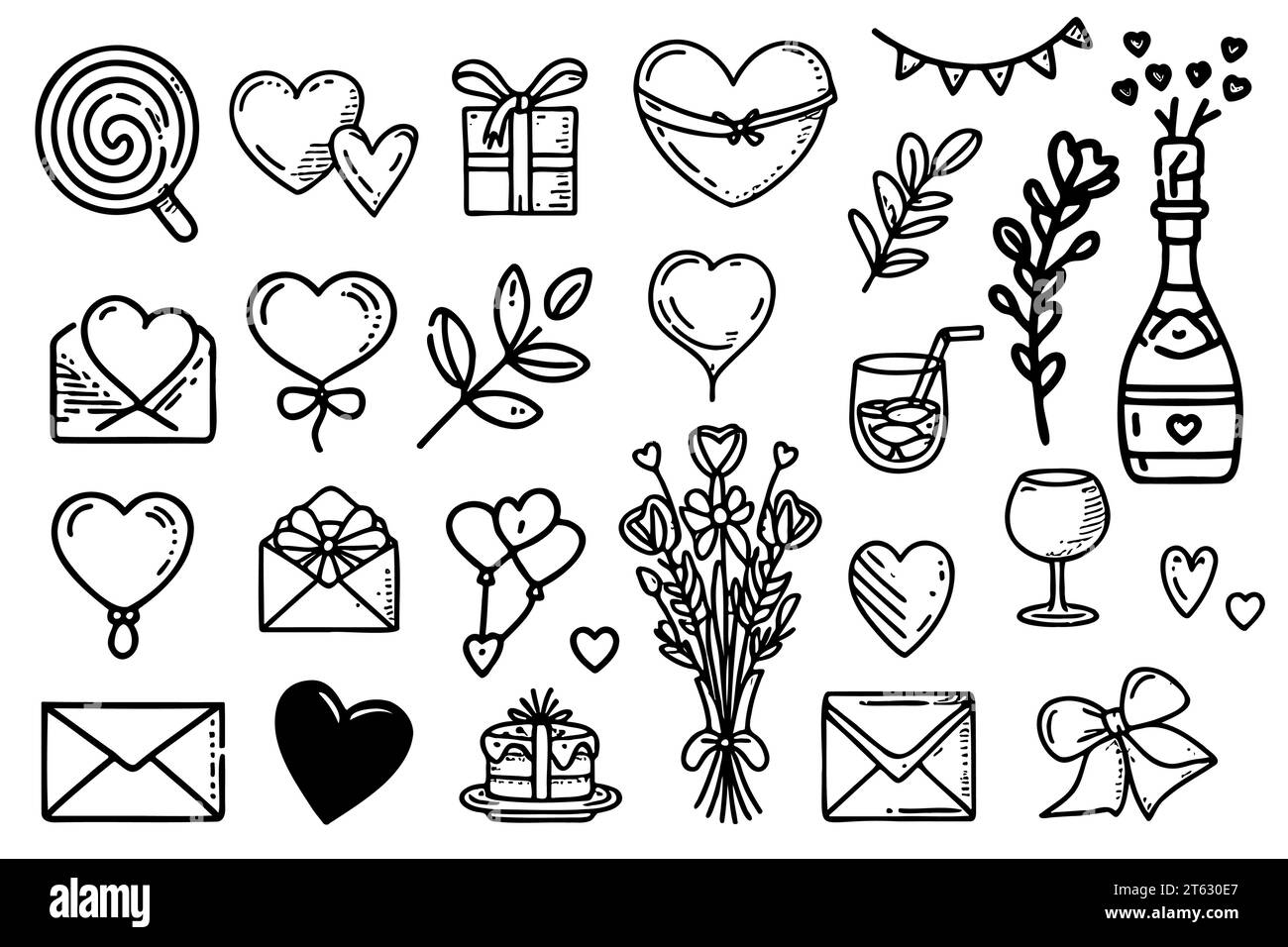 Hearts Saint Valentine Day design elements. sketch set hand drawn ...