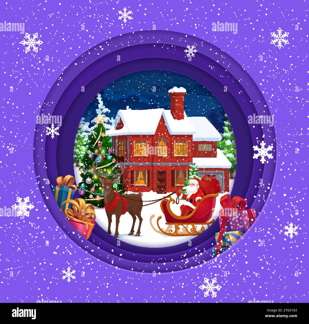Christmas paper cut cartoon winter house, Santa on sleigh and holiday ...