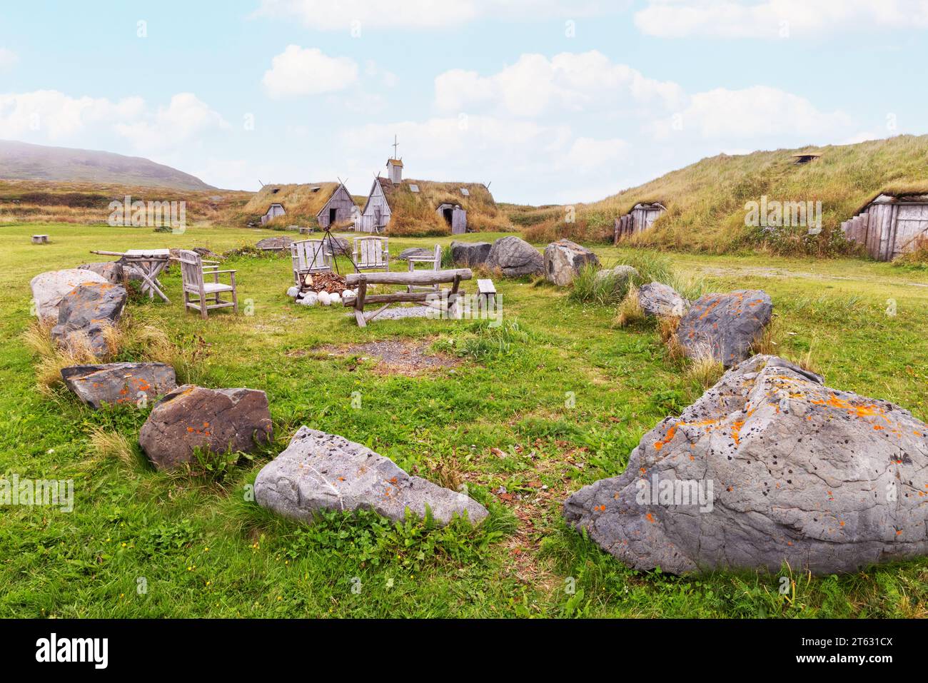 Exterior of reconstructed buildings and church, L'Anse aux Meadows UNESCO site, viking/norse settlement of a thousand years ago, Newfoundland Canada. Stock Photo