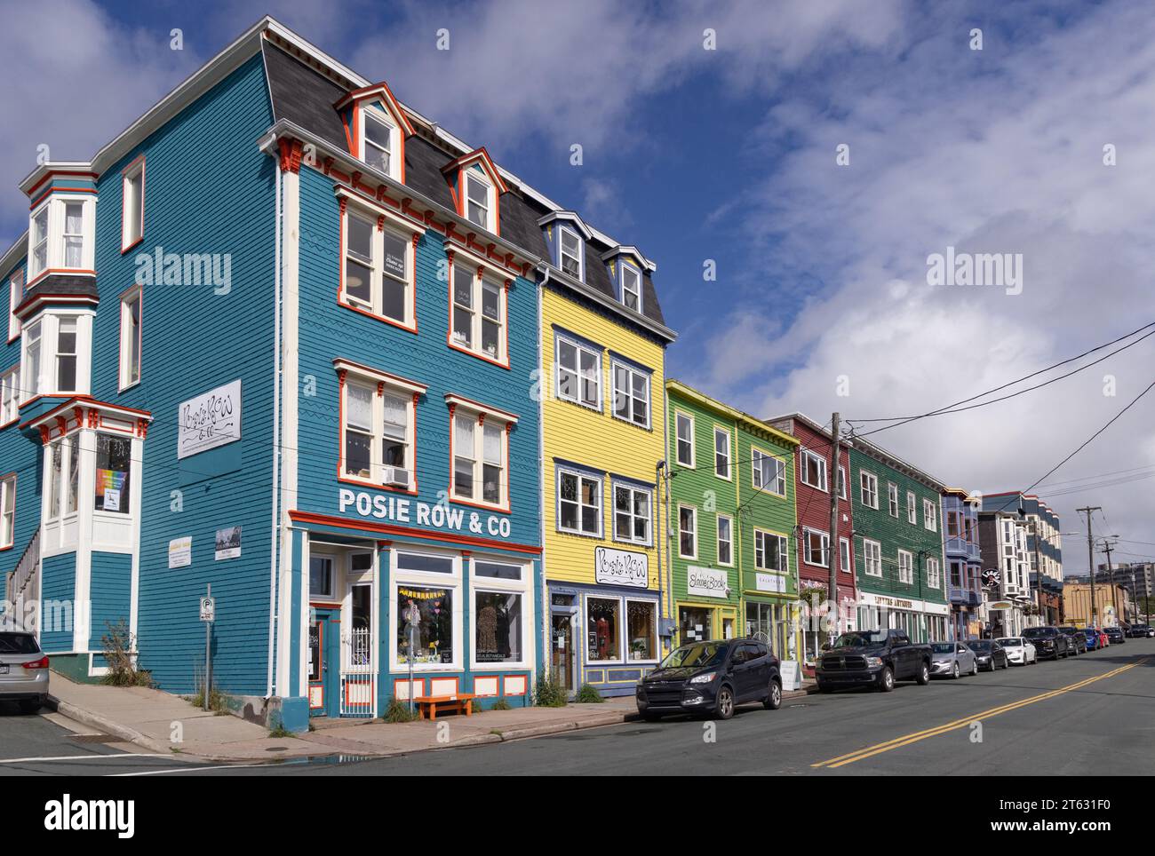 Colourful houses, or ' jelly bean ' houses, Street scene, Posie Row, Duckworth St, St Johns, Newfoundland Canada. Traditional architecture. Stock Photo