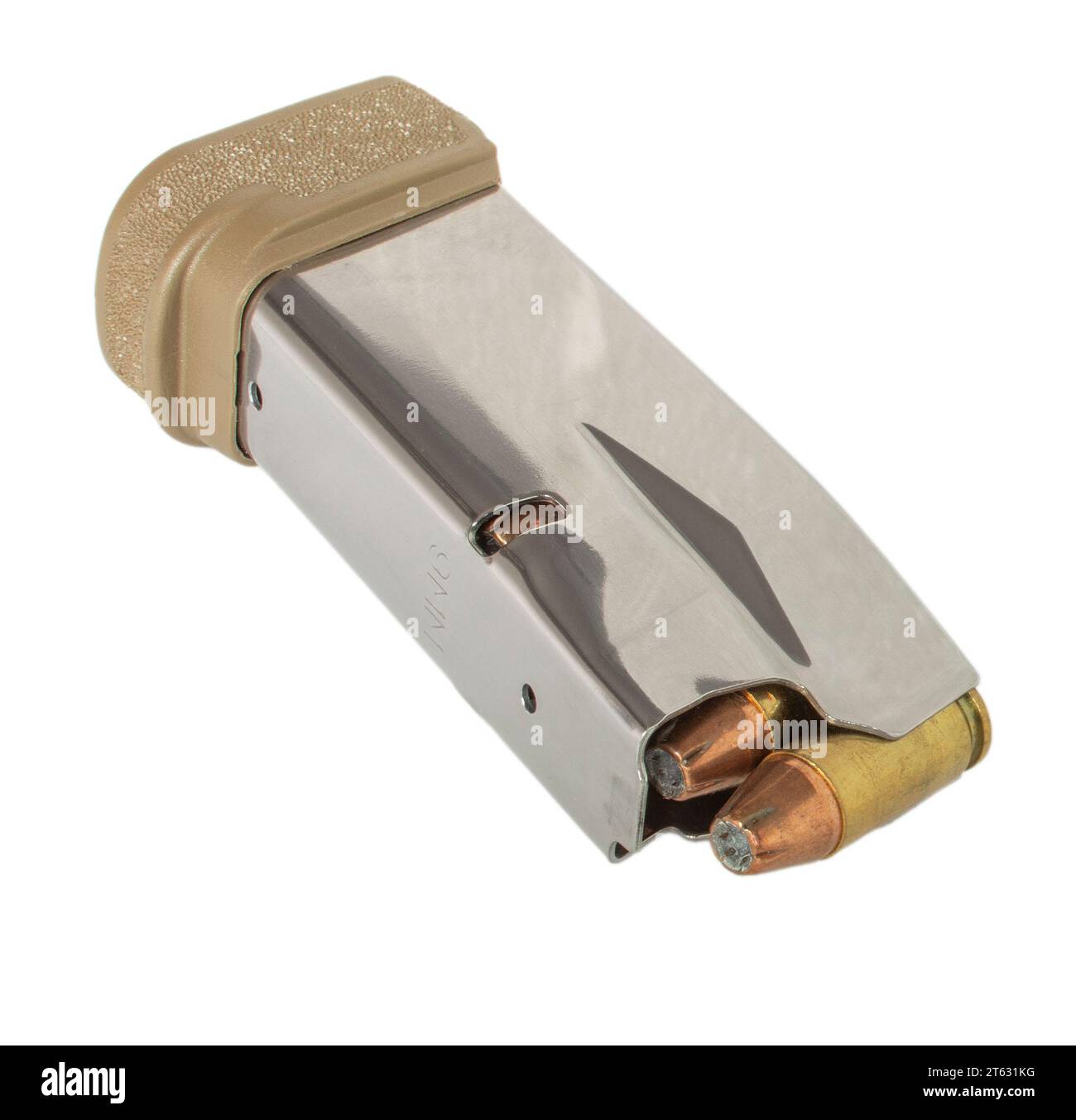 Hollow points loaded into a silver and borwn magazine for a 9 mm semi