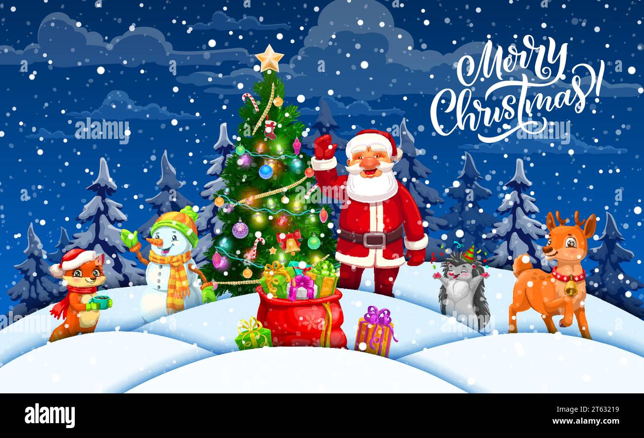 Christmas paper cut poster. Santa with cartoon cute animals near pine ...