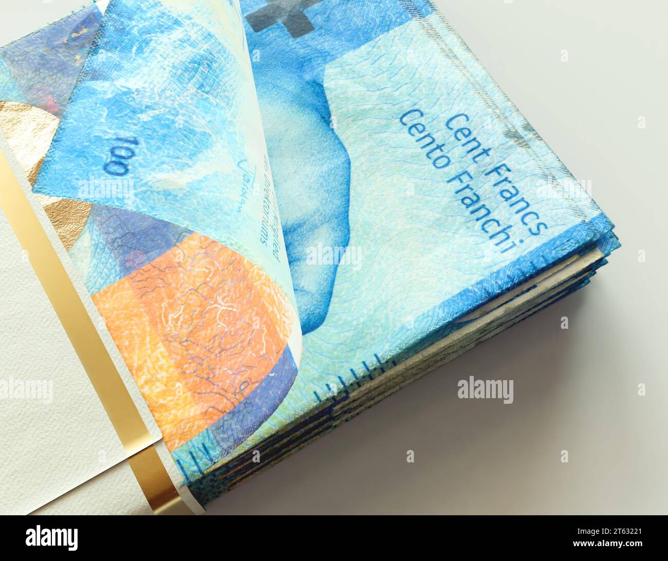 A bundled wad of Swiss Franc banknotes on an isolated light background - 3D render Stock Photo