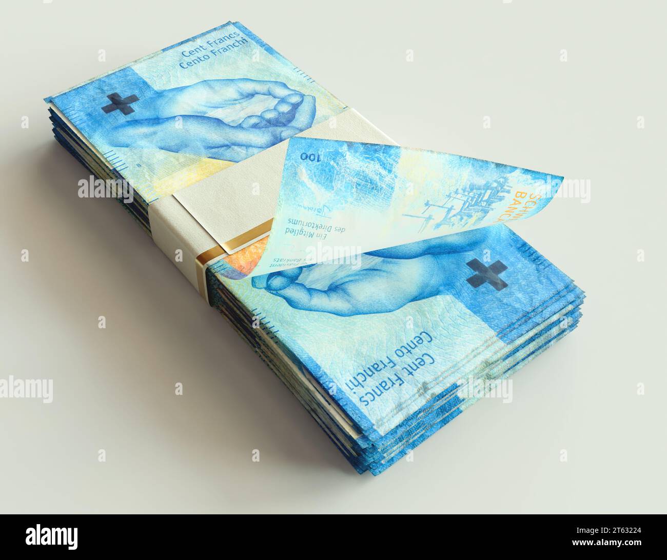 A bundled wad of Swiss Franc banknotes on an isolated light background - 3D render Stock Photo