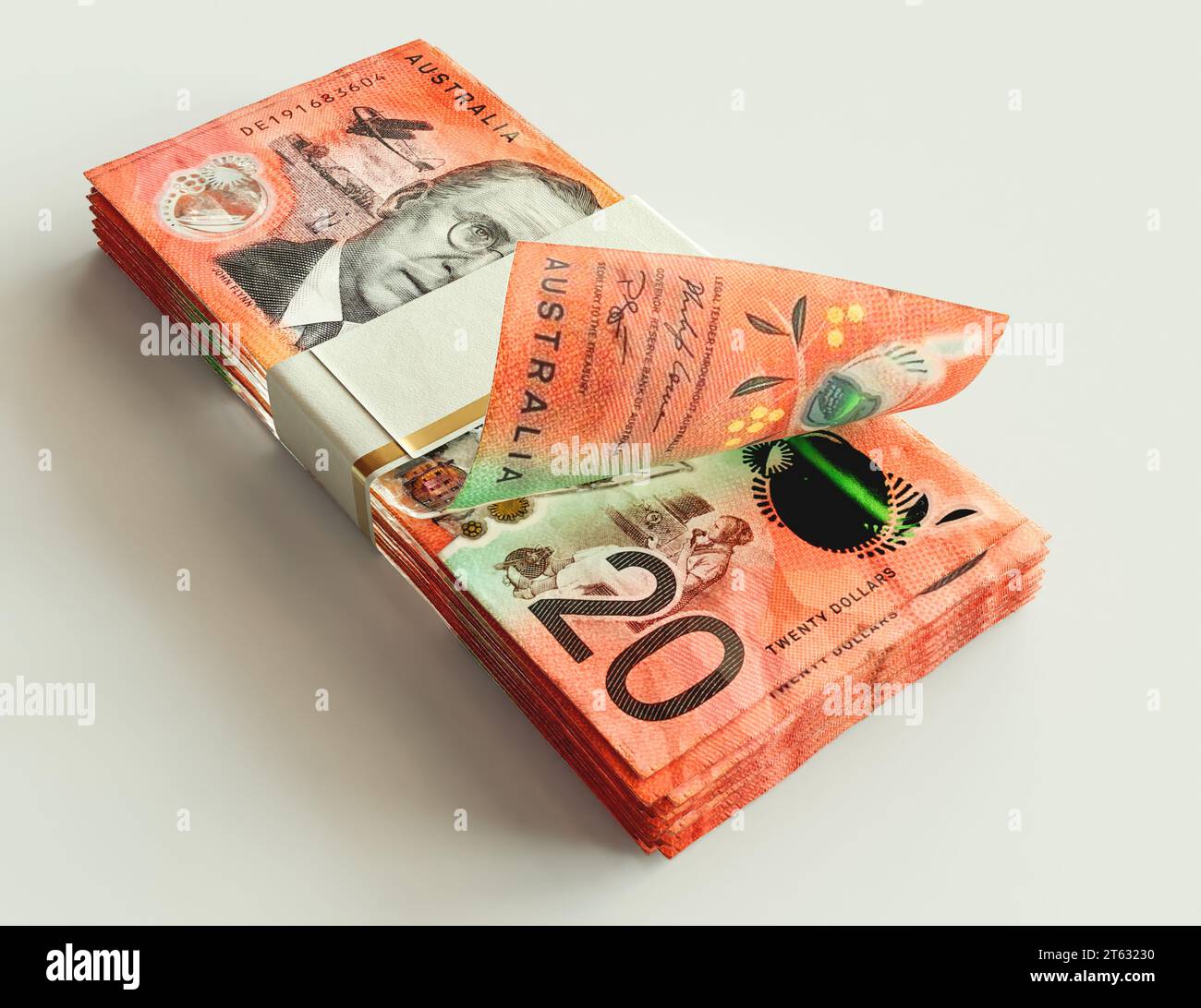 A bundled wad of Australlia Dollar banknotes on an isolated light background - 3D render Stock Photo