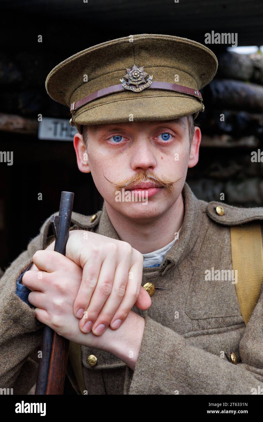 The Staffordshire Regiment Museum have built Trenches modelled on the real ones used in World War to give visitors an experience of what life was like for soldiers in the trenches. The museum holds events using reenactors to create the mood and bring to life history from the period. Pictured, Scott Beharrell from the Hull Rifles. Stock Photo