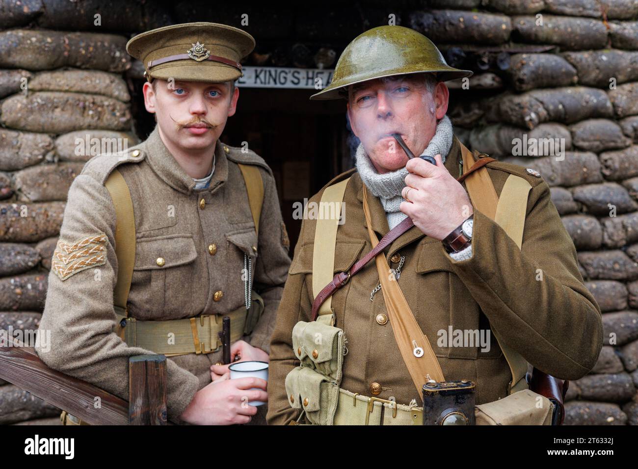 The Staffordshire Regiment Museum have built Trenches modelled on the real ones used in World War to give visitors an experience of what life was like for soldiers in the trenches. The museum holds events using reenactors to create the mood and bring to life history from the period. Pictured Scott Beharrell (left) from the Hull Rifles with Rob Thrush from the Oxford Bucks. in one of the trenches. Stock Photo