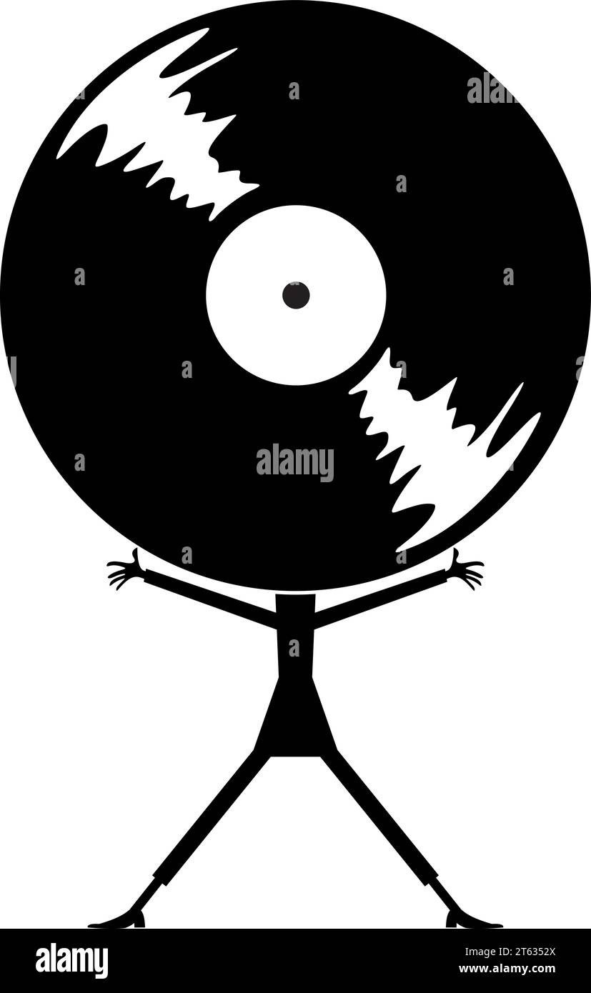 Cartoon long playing record. Retro record player. Person with long
