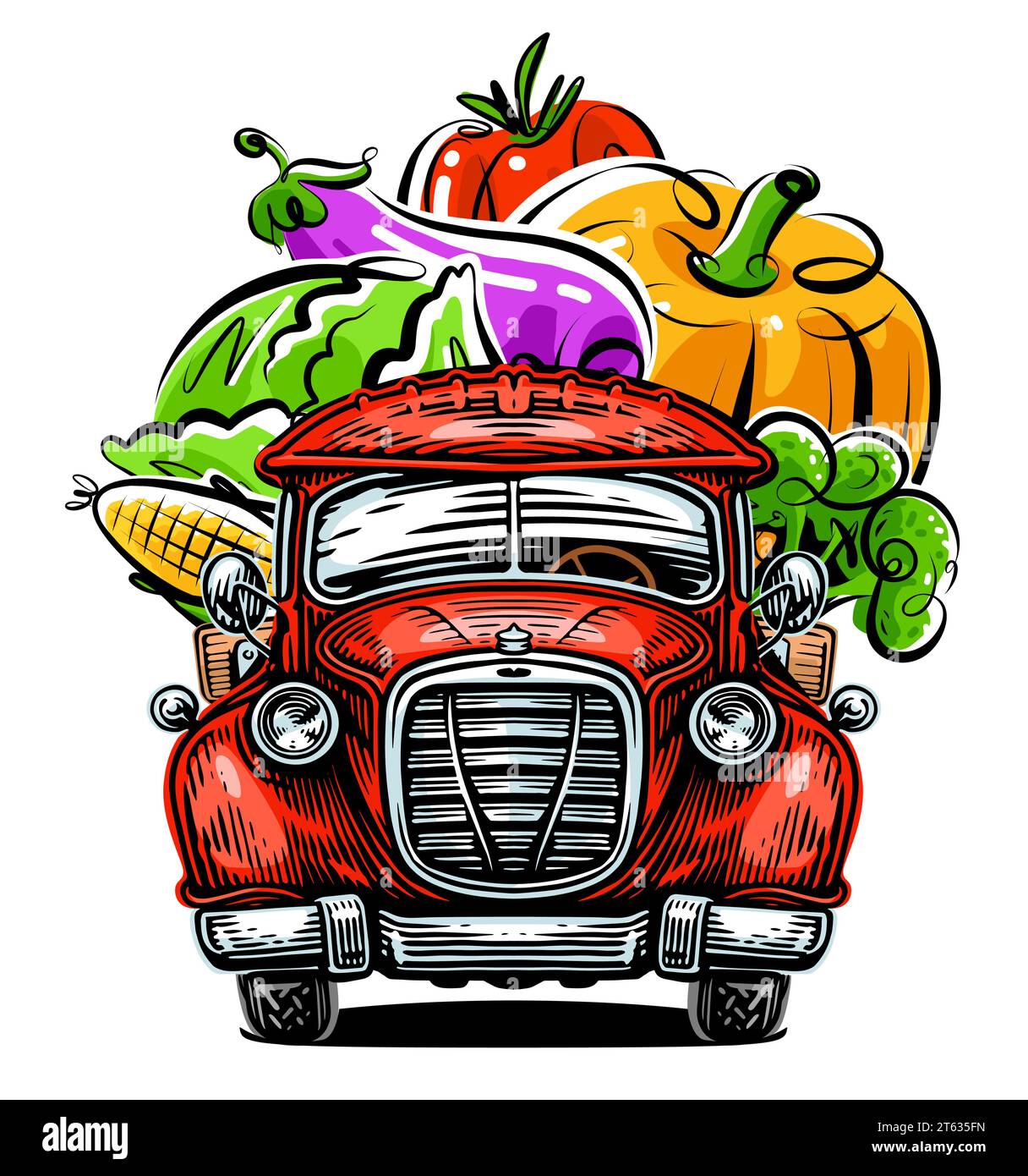 Delivery of fresh products from the farm. Retro pickup truck with organic vegetables. Vector illustration Stock Vector