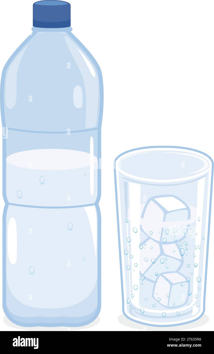 Ice Water Container Draw A cold glass of water with ice cubes and a plastic water bottle. Vector ...