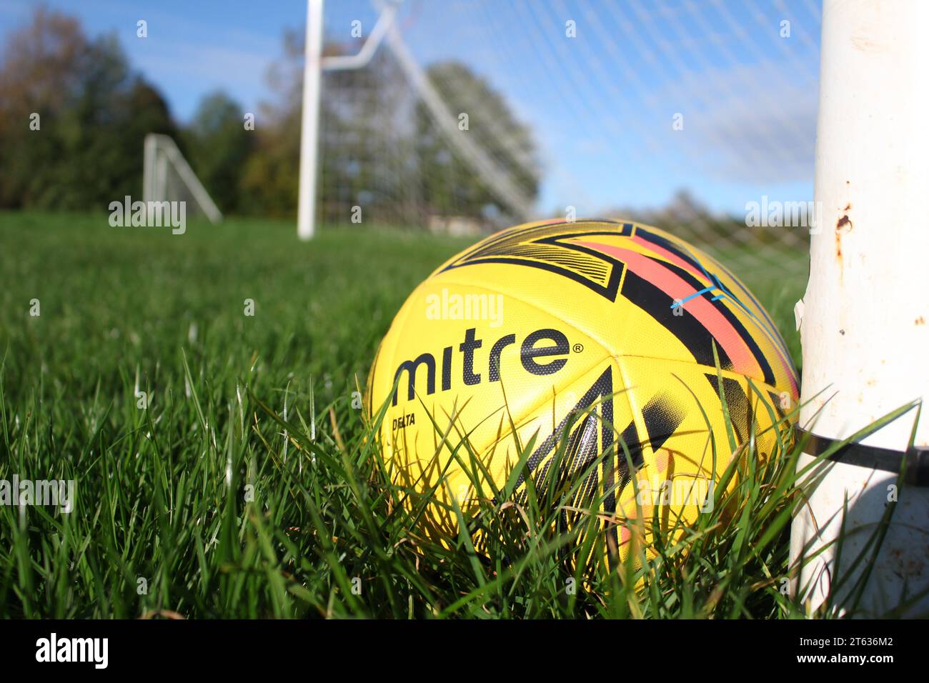 Mitre Football in Goal of Grassroots Pitch Stock Photo Alamy