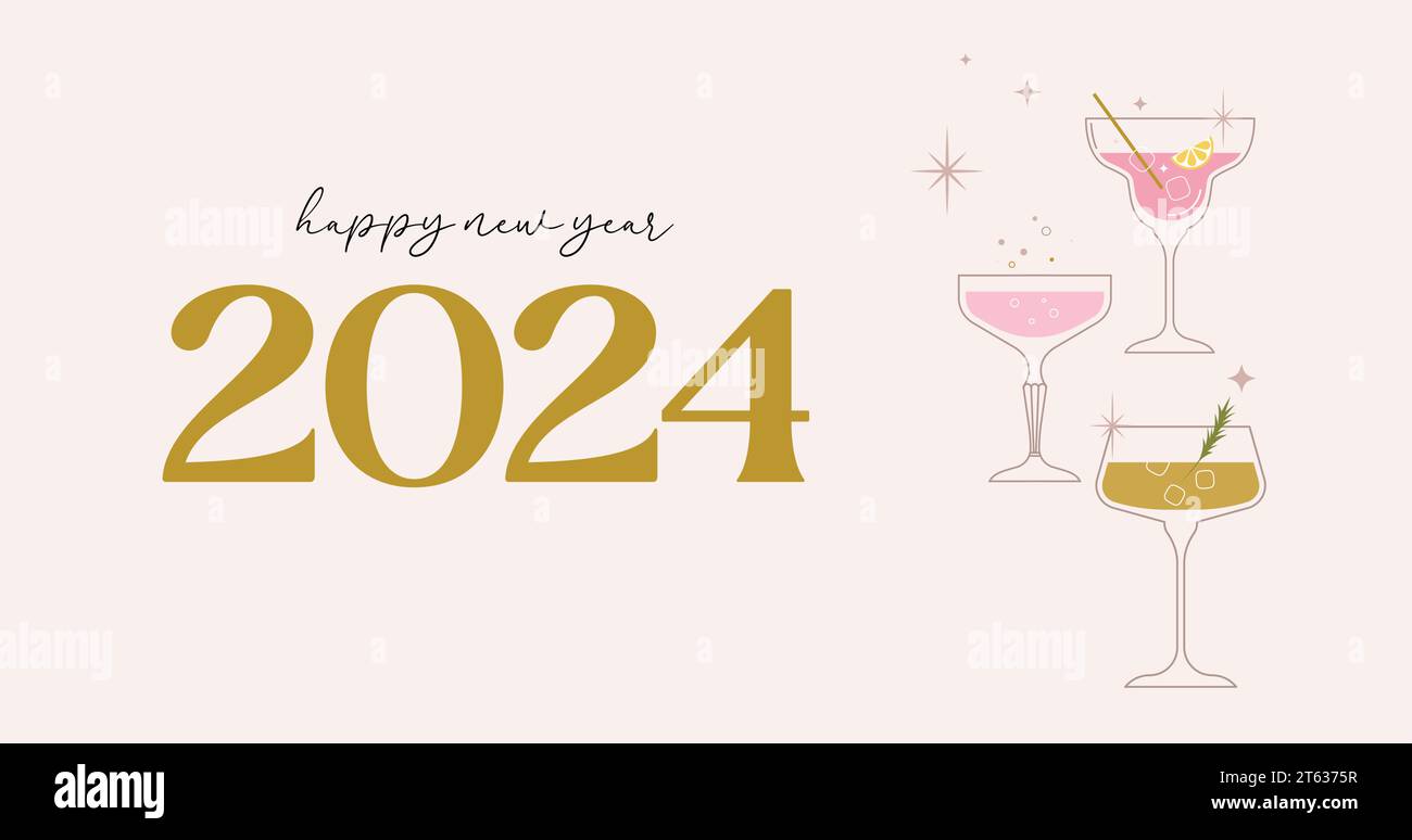 Happy New Year 2024, poster, banner and card design with festive cocktails Stock Vector