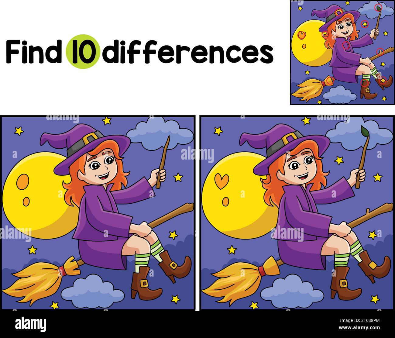 Witch Girl On A Broomstick Find The Differences Stock Vector Image ...
