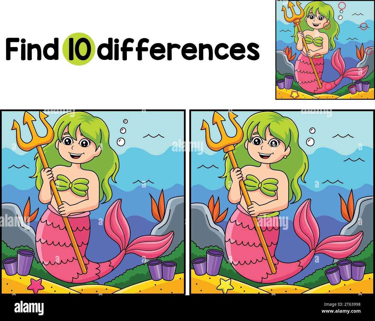 Mermaid Holding Trident Find The Differences Stock Vector
