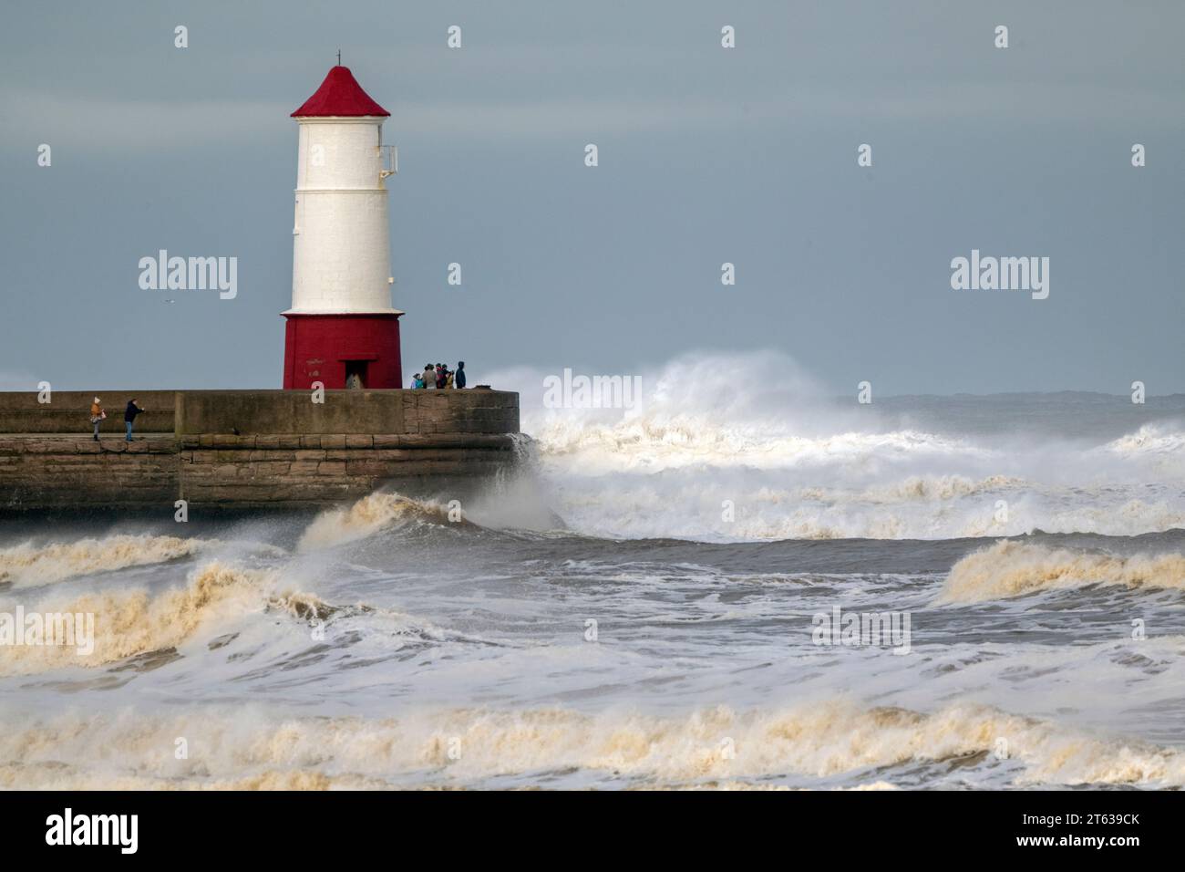 Rough seas due to Storm Babet at Spittal Beach, Spittal, Berwick-upon-Tweed, Northumberland, England, UK. - including Barwick-upon-Tweed lighthouse. Stock Photo