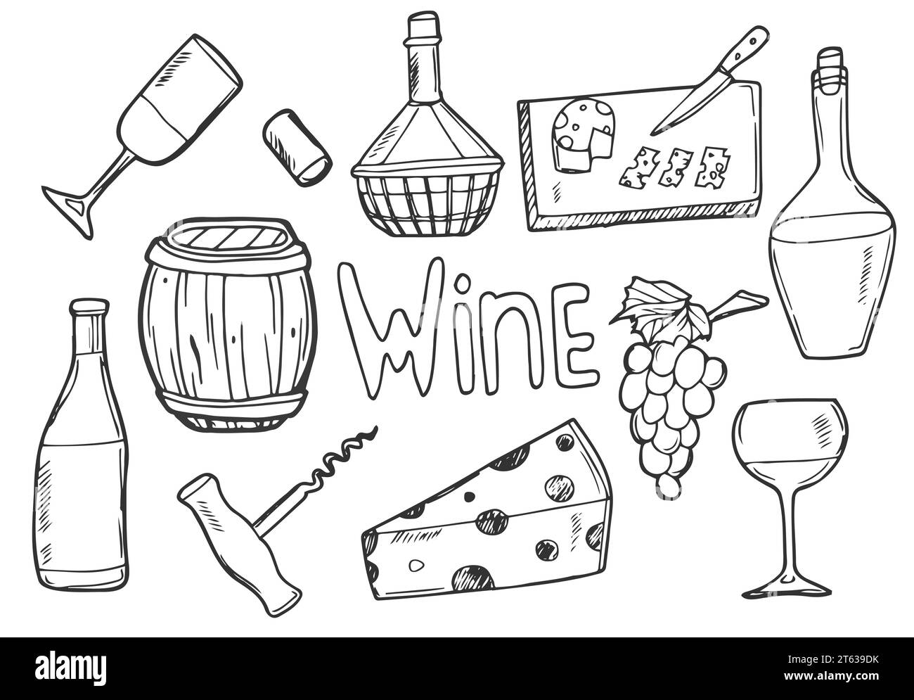 Wine set, hand drawn, monochrome vector. Doodle style Stock Vector