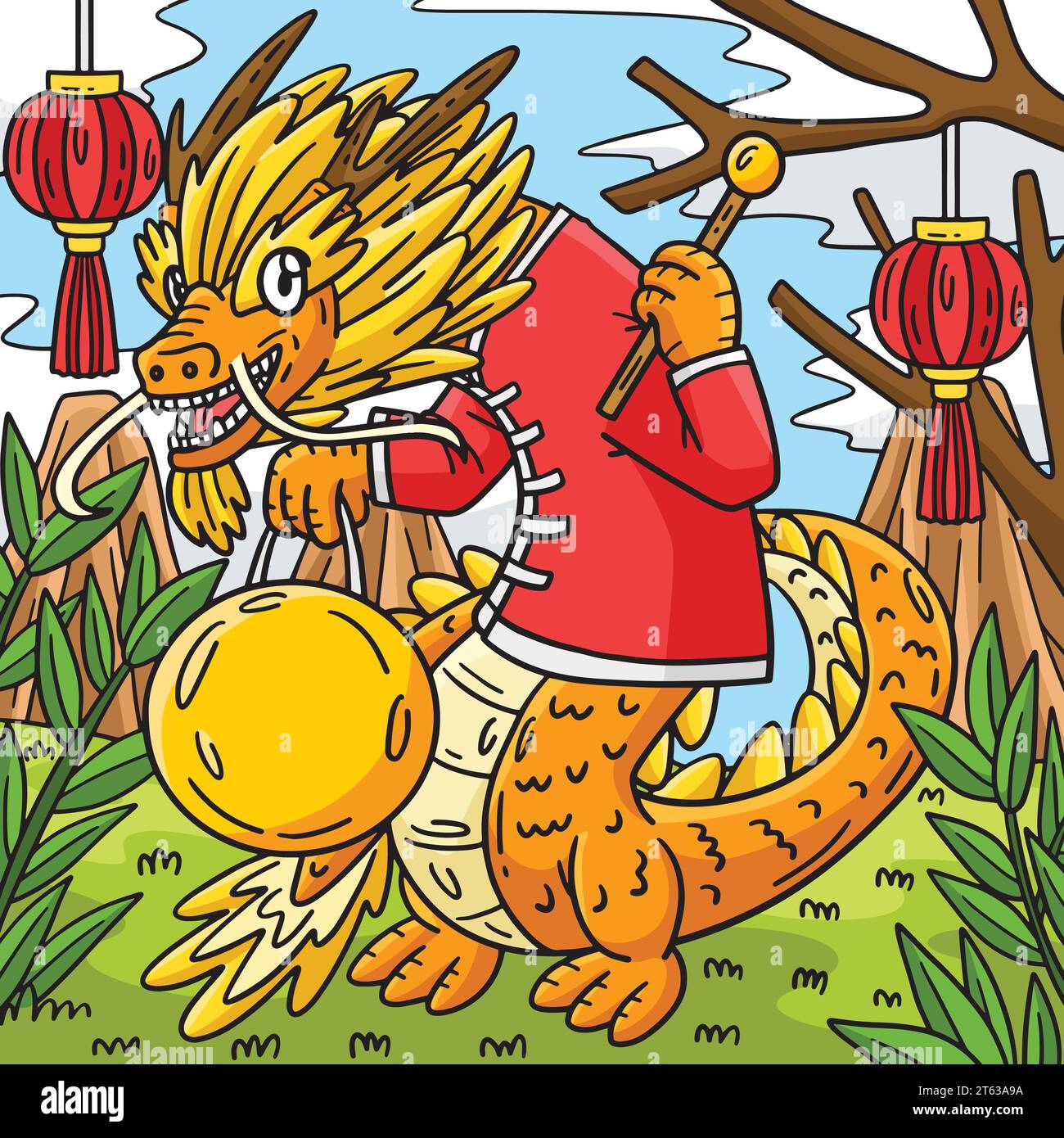 Year of the Dragon Holding Gong Colored Cartoon Stock Vector Image ...