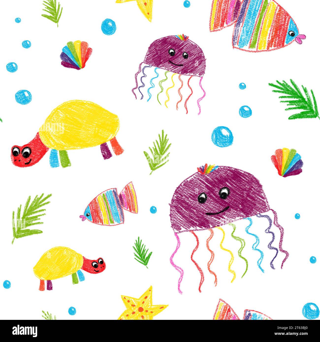 Seamless pattern with hand-drawn ocean animals. White background. Sea children's turtle, jellyfish, fish, shell. Pencil technique. For kid's textile Stock Photo