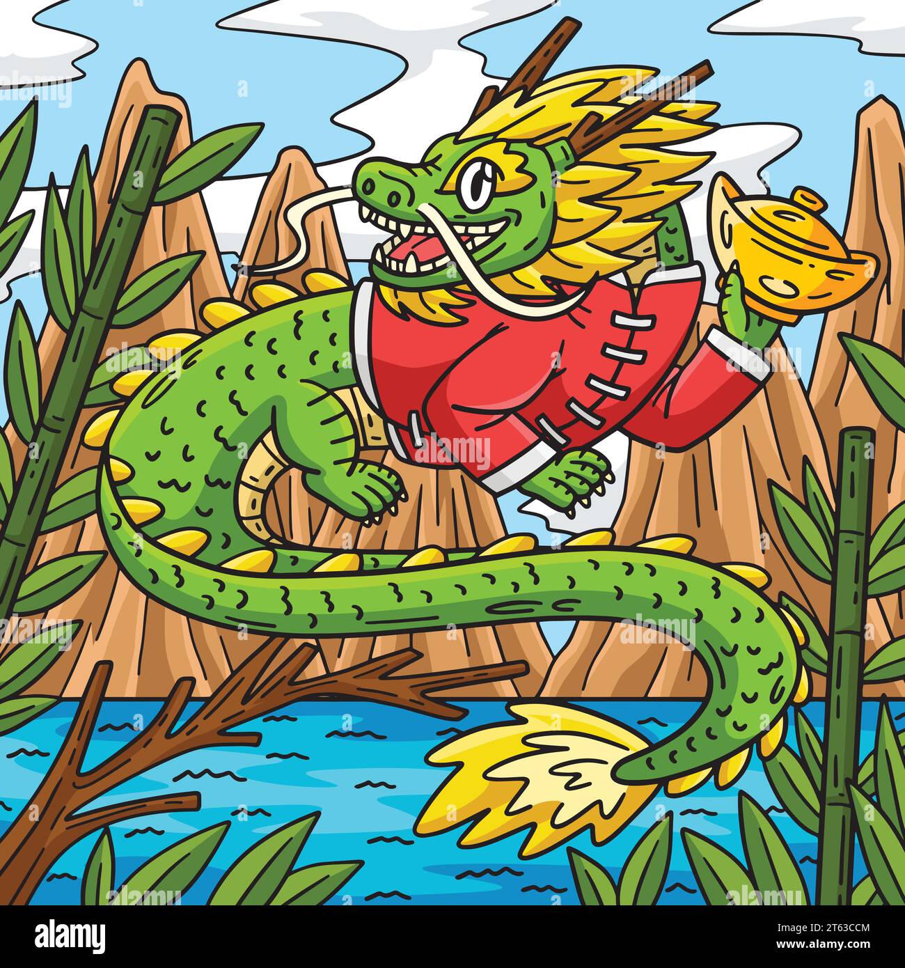 Year of the Dragon with Gold Ingot Colored Cartoon Stock Vector Image ...