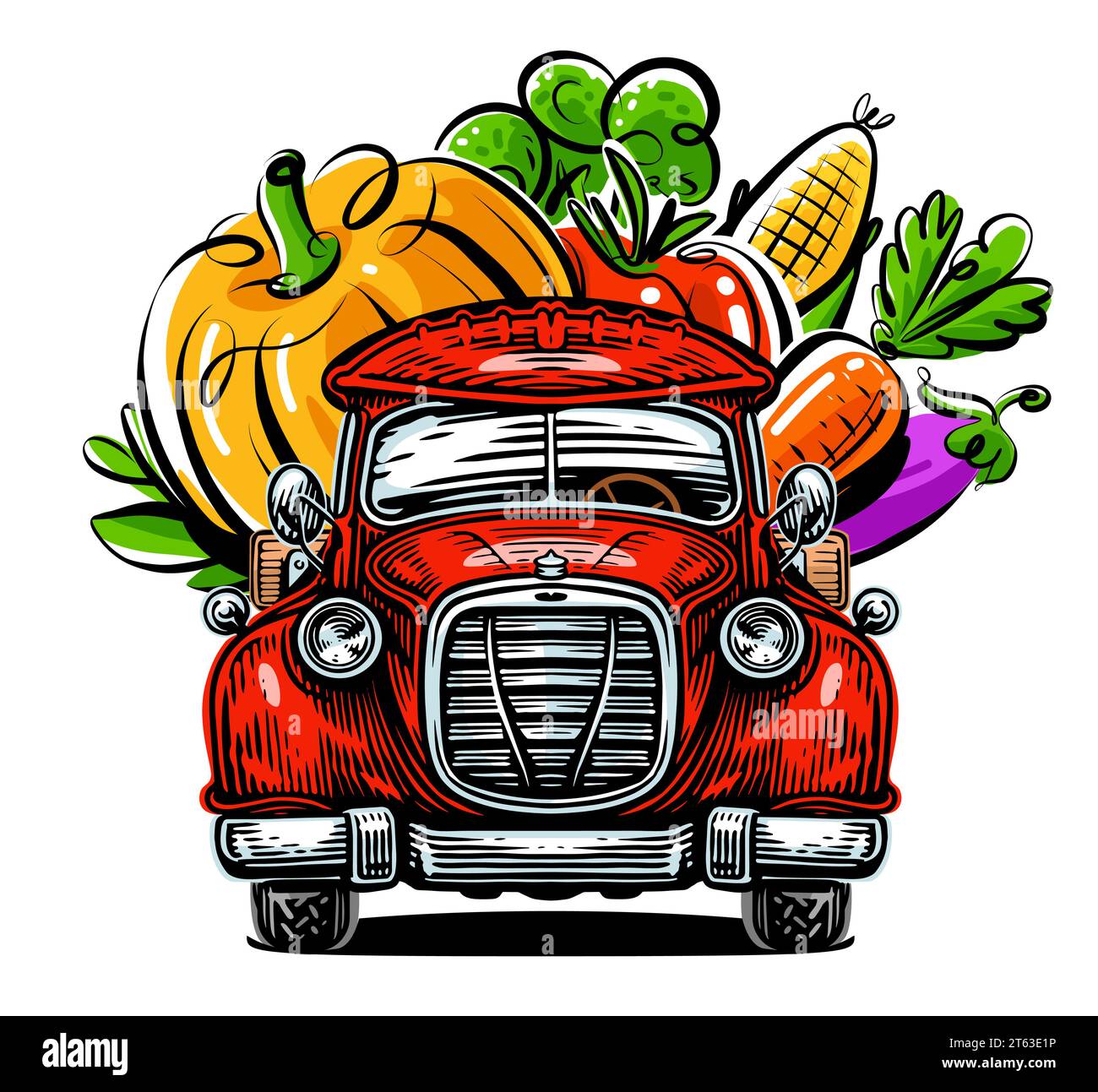 Retro pickup truck and fresh vegetables. Farm fresh organic food, vector illustration Stock Vector