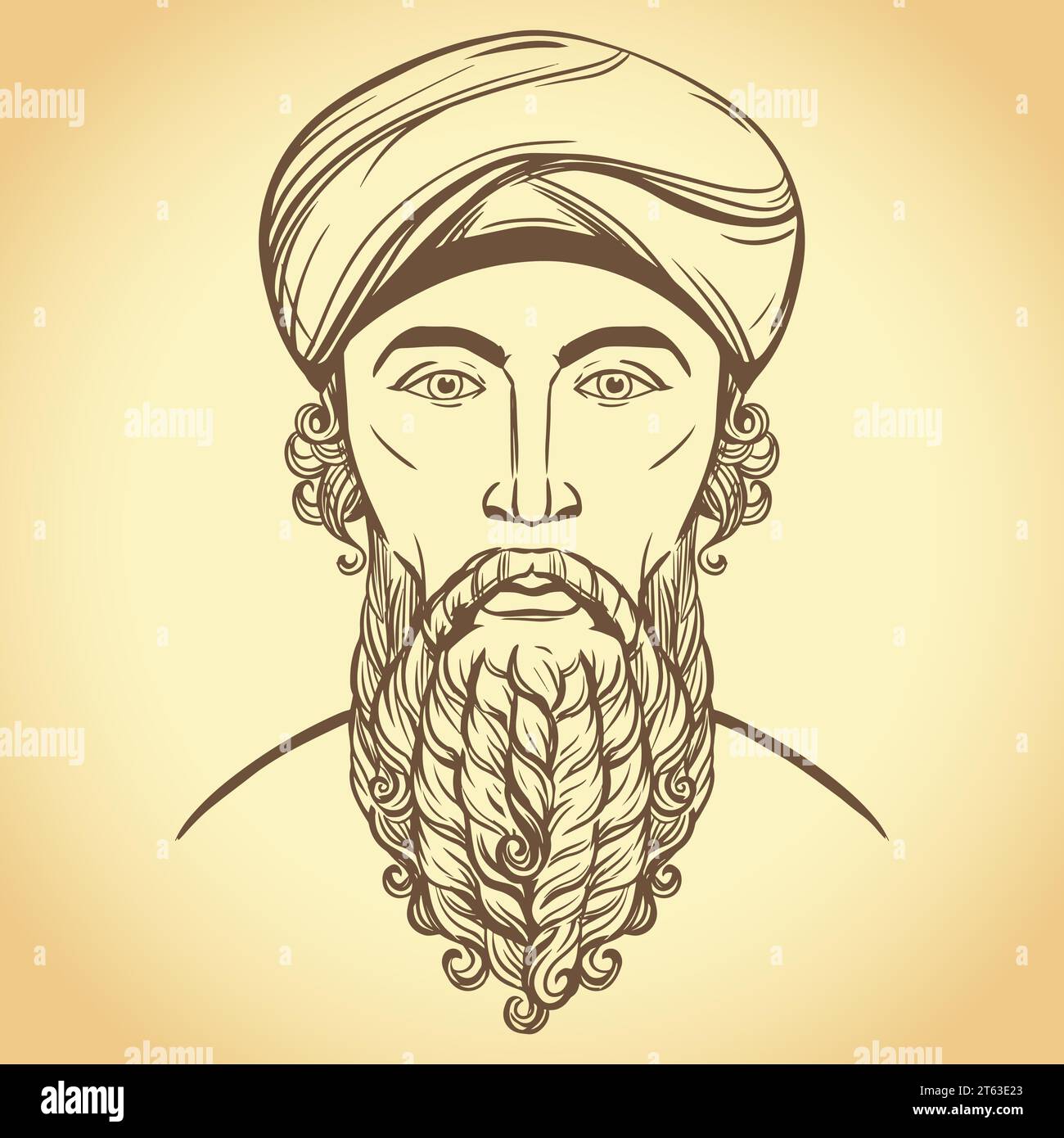 Zarathushtra is the spiritual founder of the religion of Zoroastrianism. Portrait of ancient Iranian prophet. Vector portrait of a Persian man. Bearde Stock Vector