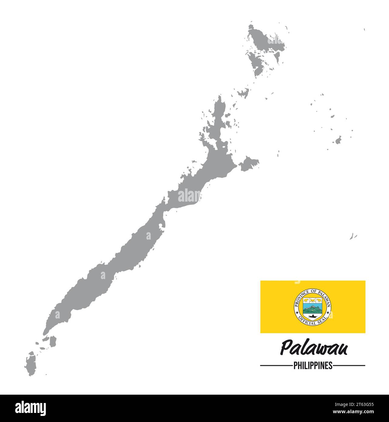 Gray silhouette map of the Philippine island of Palawan with flag Stock Photo