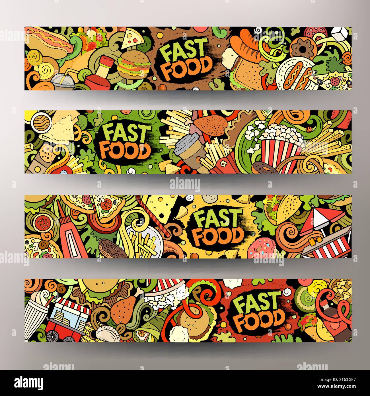 Fast food hand drawn doodle banners set. Cartoon detailed flyers ...
