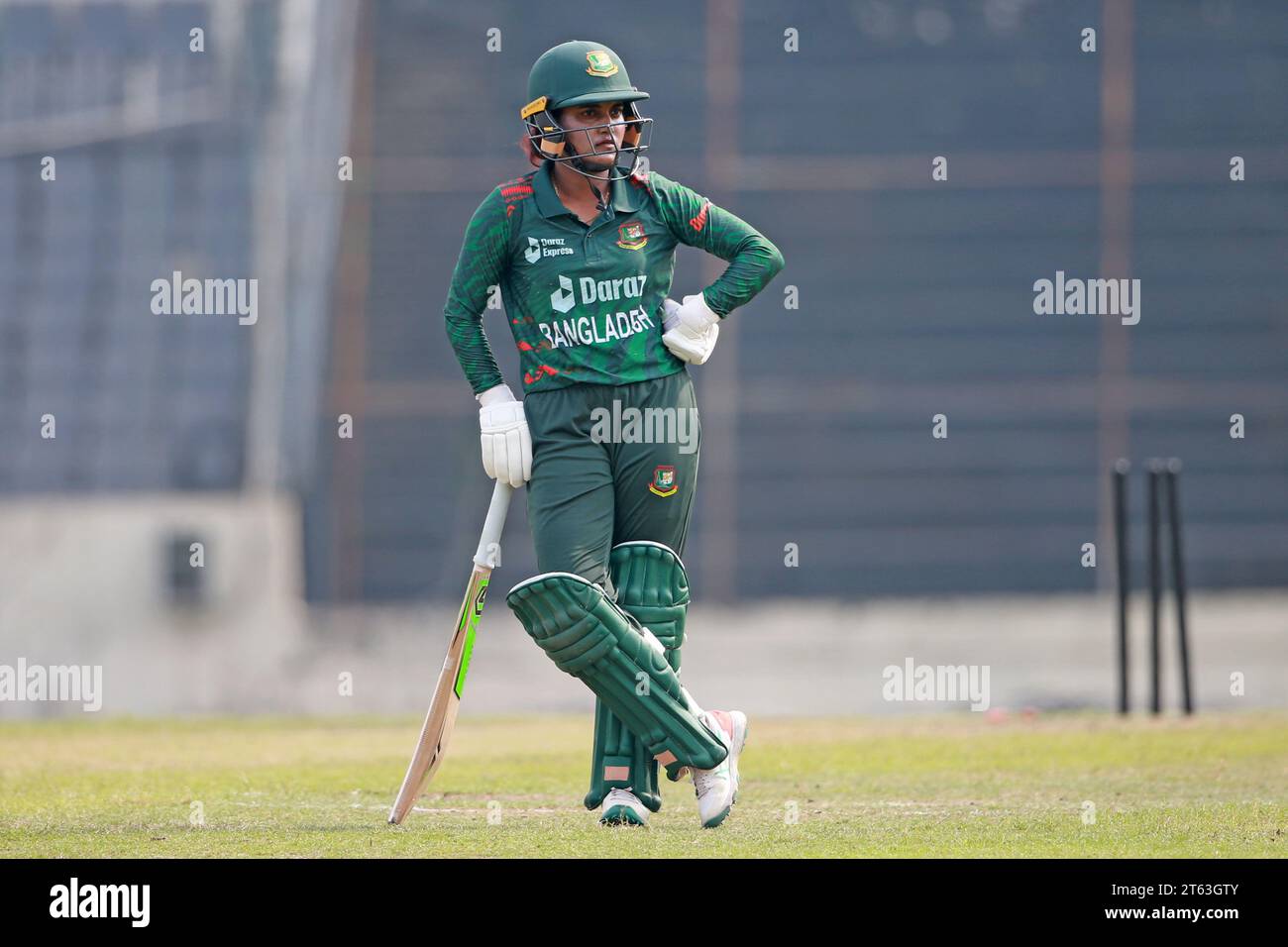 Bangladesh women's cricket team batter Nigar Sultana Joty bats against Pakistan in the  the second ODI at the Sher-e-Bangla National Cricket Stadium i Stock Photo