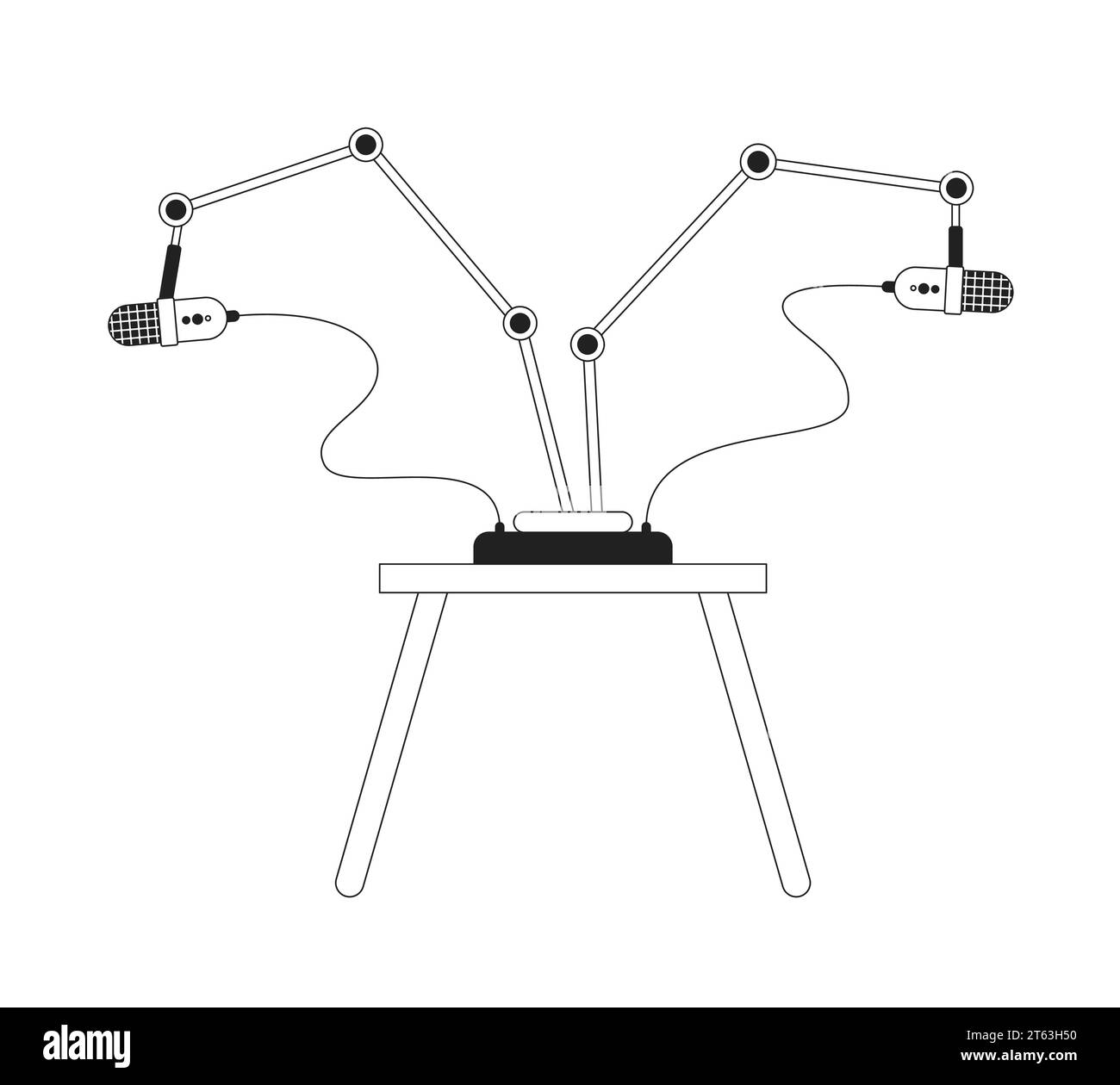Two microphones stands on coffee table black and white 2D cartoon object Stock Vector