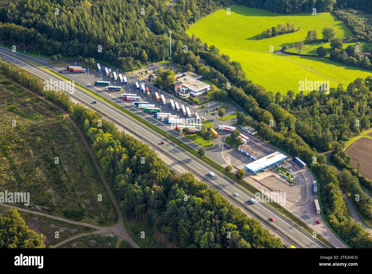 Aerial view, highway service area Siegerland-West, highway A45, Heisberg, Freudenberg, Sauerland, North Rhine-Westphalia, Germany, Freeway service are Stock Photo