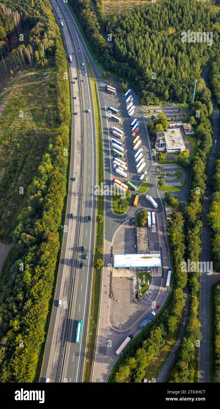 Aerial view, highway service area Siegerland-West, highway A45, Heisberg, Freudenberg, Sauerland, North Rhine-Westphalia, Germany, Freeway service are Stock Photo