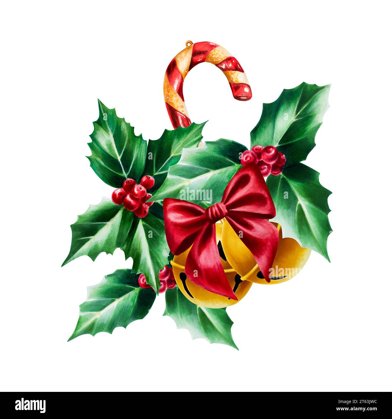 Watercolor christmas golden bells with red satin bow and holly berry ...
