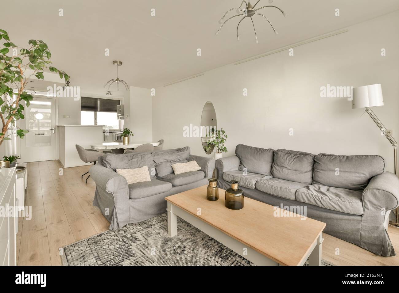 Interior of spacious living room with grey sofa and coffee table with ...