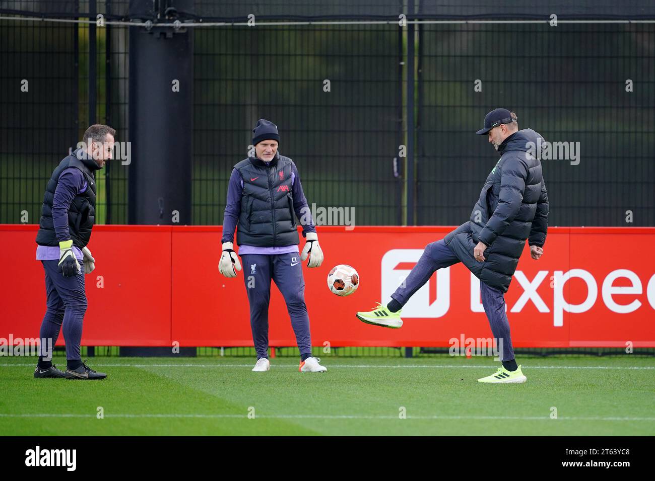 Liverpool Manager, Jurgen Klopp, (right) plays with Liverpool Goalkeeping Coaches, John Achterberg, (left) and Claudio Taffarel during a training session at the AXA Training Centre, Liverpool. Picture date: Wednesday November 8, 2023. Stock Photo