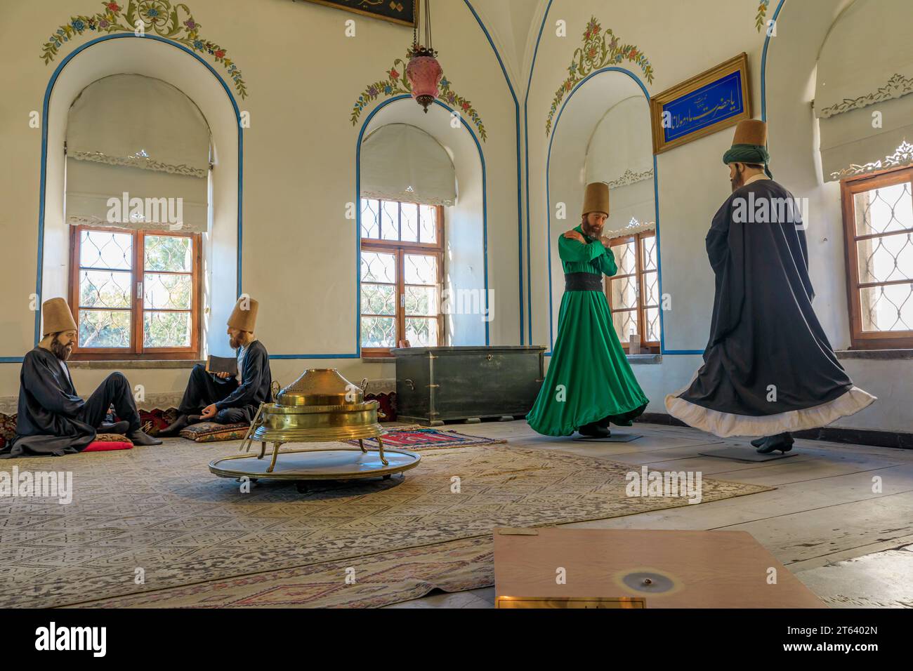 Konya, Turkey - Aug 5,2023: Mevlana Museum with detailed models showcasing dervish life. Witness the enchanting daily Sama ceremony, where whirling Stock Photo