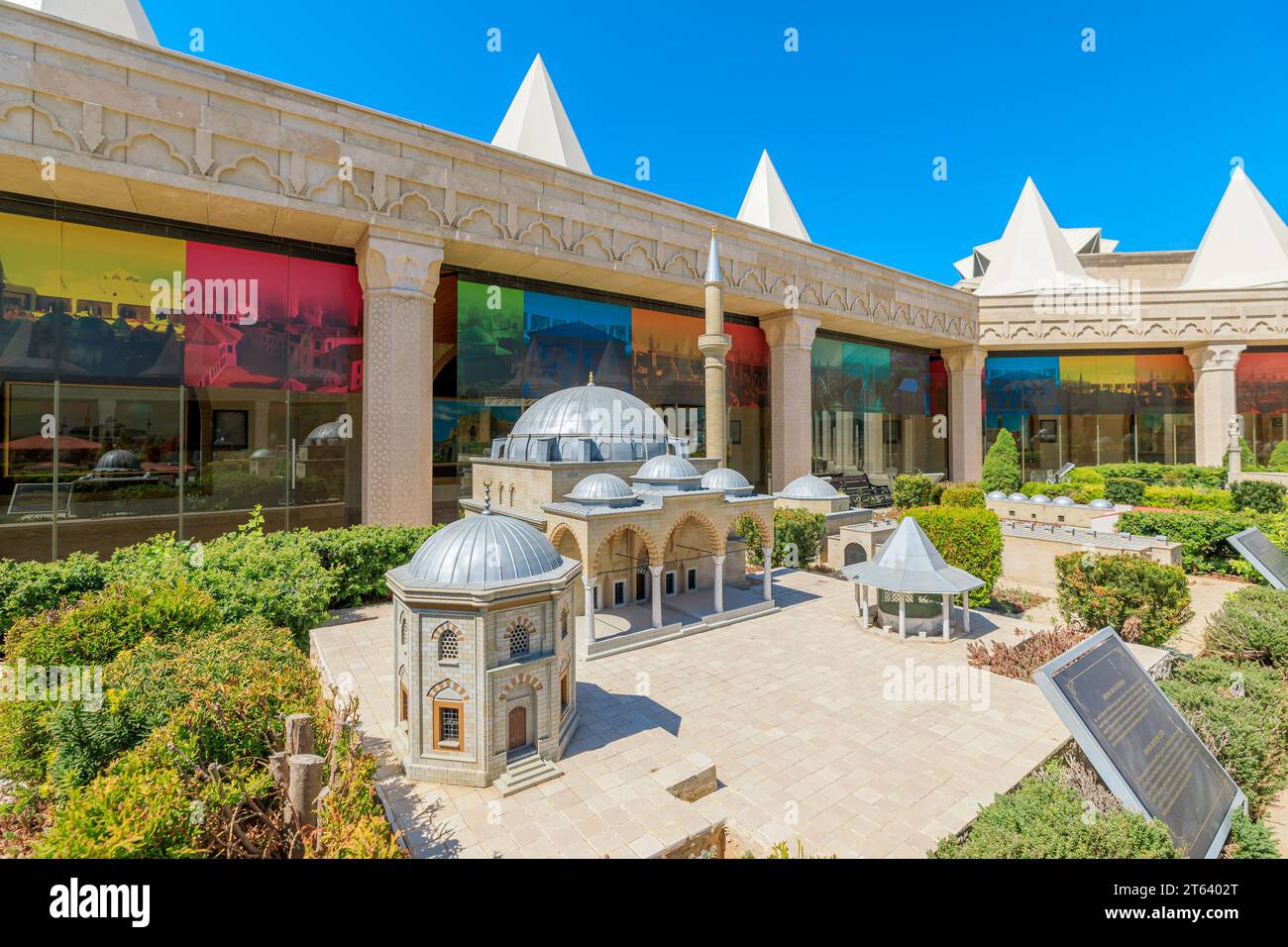 Konya, Turkey - Aug 5,2023: Aerial view on the scale models of famous Turkish mosques in Konya Panorama Museum. Stock Photo