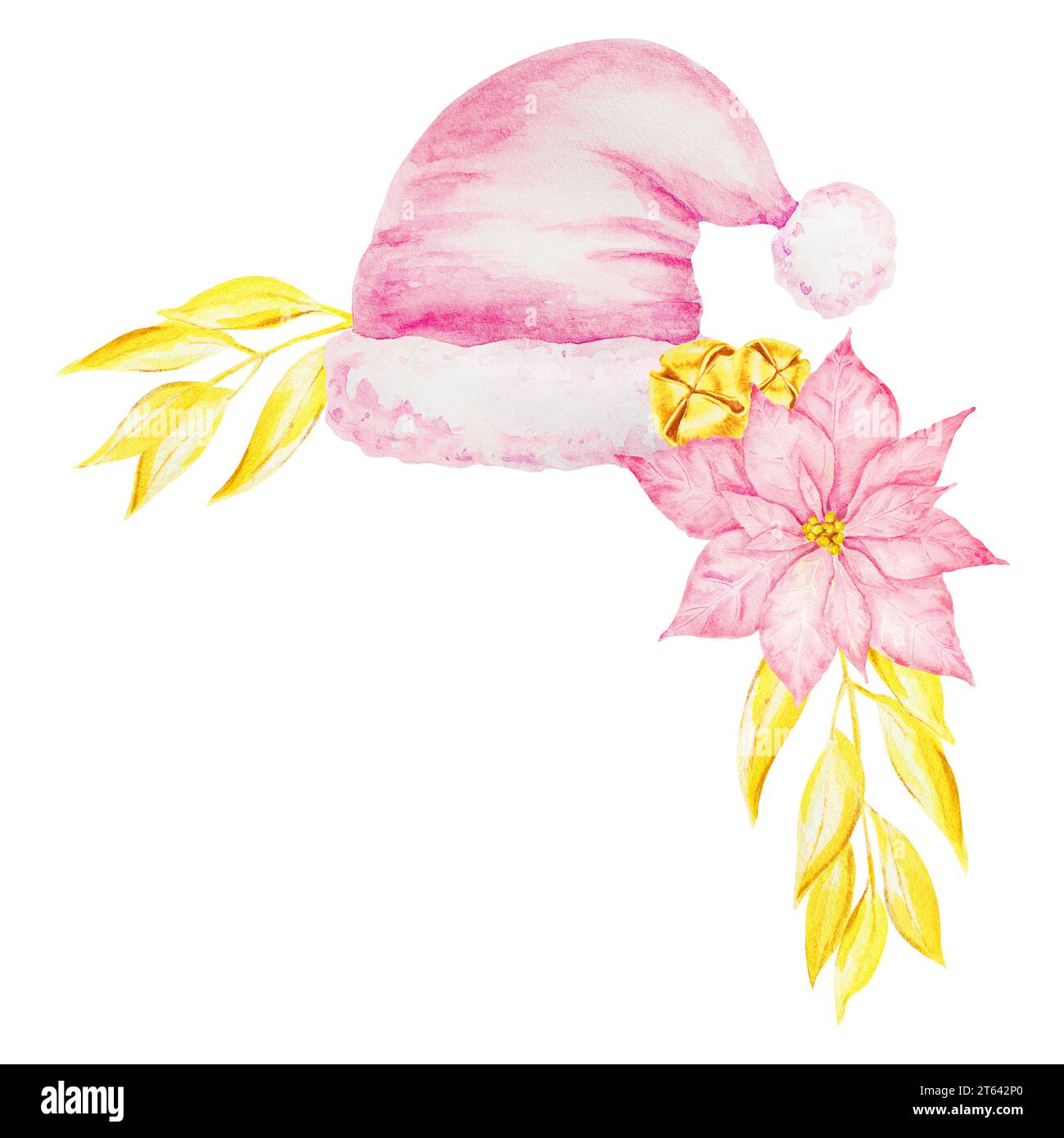 Watercolor Santa Claus pink hat, poinsettia, gold bells and branches. Christmas accessories. Hand drawn winter symbols of new year holiday for Stock Photo
