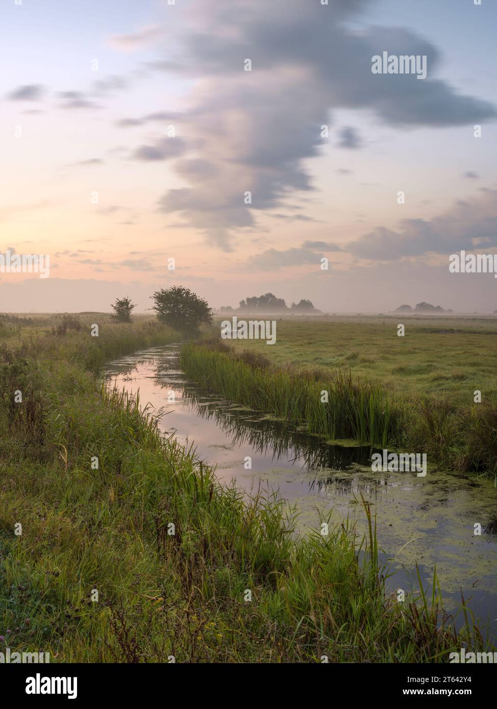 The clouds echoing the shaoe of the river on a misty morning on the Halvergate Marshes near Great Yarmouth, Norfolk. Stock Photo