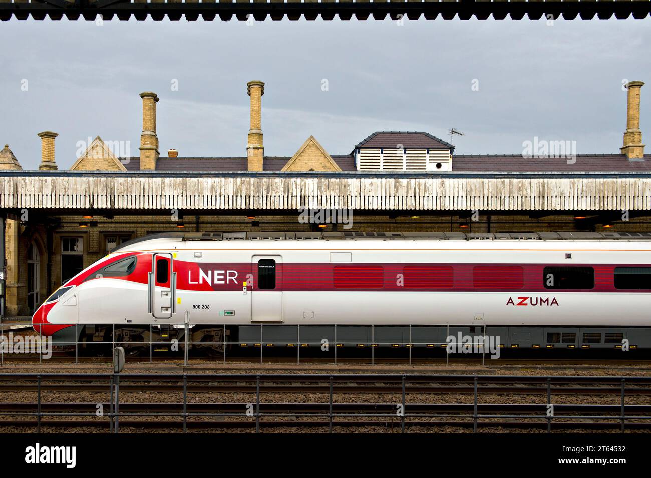 A LNER Class 800 'Azuma' Waits in platform 3 at Lincoln Railway Station Formally Lincoln Central, it opened in 1848, and retains many original feature Stock Photo